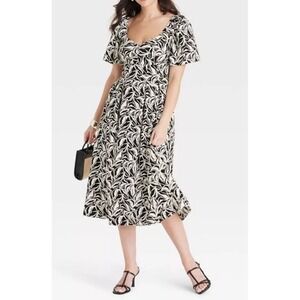 A New Day Dress Women 4 Black White Floral Midi Short Sleeve Casual Flowy